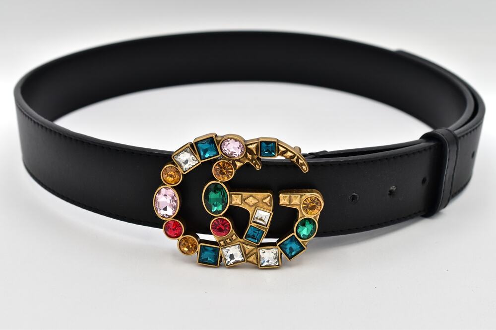 Gucci Black Leather Belt Crystal Jeweled GG Logo Buckle Multicolor Size 90 36